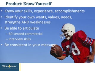 Product: Know Yourself
• Know your skills, experience, accomplishments
• Identify your own wants, values, needs,
strengths AND weaknesses
• Be able to articulate
– 60-second commercial
– Interview skills
• Be consistent in your message
 