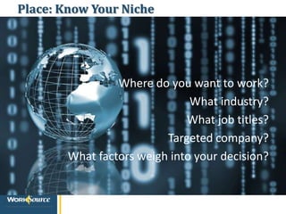 Place: Know Your Niche
Where do you want to work?
What industry?
What job titles?
Targeted company?
What factors weigh into your decision?
 