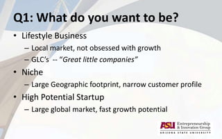 Q1: What do you want to be?
• Lifestyle Business
– Local market, not obsessed with growth
– GLC’s -- “Great little companies”
• Niche
– Large Geographic footprint, narrow customer profile
• High Potential Startup
– Large global market, fast growth potential
 
