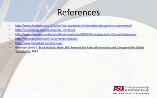 References
• http://www.cloudave.com/1129/the-four-quadrants-of-innovation-disruptive-vs-incremental/
• http://en.wikipedia.org/wiki/Guerilla_marketing
• http://www.sitepoint.com/forums/showthread.php?388271-Complete-List-of-Domain-Extensions
• http://mashable.com/2007/10/19/press-releases/
• http://www.foresightst.com/learning/
• Robinson, David C. Brick by Brick: How LEGO Rewrote the Rules of Innovation and Conquered the Global
Toy industry, 2013
 