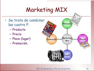 Marketing MIX Se trata de combinar las cuatro P. Producto Precio Place (lugar) Promoción. GEI-06 Marketing y Plan de marqueting Promoción Lugar Precio Producto Marketing Mix 