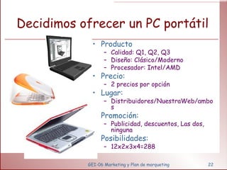 Decidimos ofrecer un PC portátil Producto Calidad: Q1, Q2, Q3 Diseño: Clásico/Moderno Procesador: Intel/AMD Precio: 2 precios por opción Lugar: Distribuidores/NuestraWeb/ambos Promoción: Publicidad, descuentos, Las dos, ninguna Posibilidades: 12x2x3x4=288 GEI-06 Marketing y Plan de marqueting 