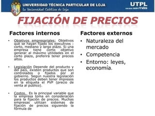 Factores internos                          Factores externos
•   Objetivos empresariales: Objetivos
    que se hayan fijado los ejecutivos :
                                           • Naturaleza del
    corto, mediano y largo plazo. Si una
    empresa     tiene   como    objetivo
                                             mercado
    generar al máximo utilidades en el
    corto plazo, preferirá tener precios   • Competencia
    altos.
                                           • Entorno: leyes,
•   Legislación Depende del producto y
    del país, existen productos que son      economía.
    controlados    o   fijados  por   el
    gobierno. Según nuestra legislación
    los productos deben tener impresos
    en la etiqueta el PVP (precio de
    venta al público).

•   Costos. Es la principal variable que
    la empresa toma en consideración
    para la fijación de precios. Muchas
    empresas utilizan sistemas de
    fijación de precios siguiendo la
    fórmula de
 