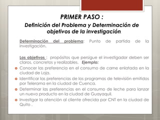 PRIMER PASO :
      Definición del Problema y Determinación de
               objetivos de la investigación.
    Determinación    del    problema:   Punto    de   partida   de    la
    investigación.

    Los objetivos : propósitos que persigue el investigador deben ser
    claros, concretos y realizables. Ejemplo:
   Conocer las preferencia en el consumo de carne enlatada en la
    ciudad de Loja.
   Identificar las preferencias de los programas de televisión emitidos
    por Telerama en la ciudad de Cuenca.
   Determinar las preferencias en el consumo de leche para lanzar
    un nuevo producto en la ciudad de Guayaquil.
   Investigar la atención al cliente ofrecida por CNT en la ciudad de
    Quito .
 
