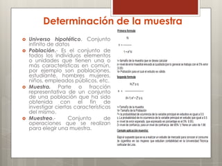 Determinación de la muestra
   Universo hipotético. Conjunto
    infinito de datos
   Población.- Es el conjunto de
    todos los individuos elementos
    o unidades que tienen una o
    más características en común,
    por ejemplo son poblaciones,
    estudiante, hombres mujeres,
    niños, empleados públicos, etc.
   Muestra. Parte o fracción
    representativa de un conjunto
    de una población que ha sido
    obtenida con el fin de
    investigar ciertas características
    del mismo.
   Muestreo.-       Conjunto       de
    operaciones que se realizan
    para elegir una muestra.
 