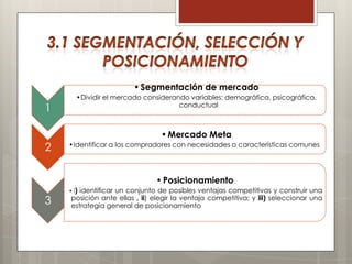 • Segmentación de mercado
       •Dividir el mercado considerando variables: demográfica, psicográfica,
                                     conductual
1

                                 • Mercado Meta
2   •Identificar a los compradores con necesidades o características comunes




                               • Posicionamiento:
    • i)identificar un conjunto de posibles ventajas competitivas y construir una
3    posición ante ellas , ii) elegir la ventaja competitiva; y iii) seleccionar una
     estrategia general de posicionamiento
 