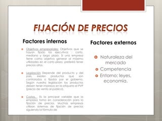 Factores internos                                   Factores externos
   Objetivos empresariales: Objetivos que se
    hayan fijado los ejecutivos : corto,
    mediano y largo plazo. Si una empresa
    tiene como objetivo generar al máximo             Naturaleza del
    utilidades en el corto plazo, preferirá tener
    precios altos.
                                                           mercado
                                                        Competencia
   Legislación Depende del producto y del
    país,   existen   productos    que     son          Entorno: leyes,
    controlados o fijados por el gobierno.
    Según nuestra legislación los productos               economía.
    deben tener impresos en la etiqueta el PVP
    (precio de venta al público).

   Costos. Es la principal variable que la
    empresa toma en consideración para la
    fijación de precios. Muchas empresas
    utilizan sistemas de fijación de precios
    siguiendo la fórmula de
 