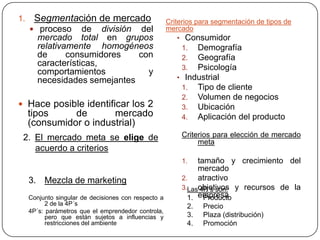 Segmentación de mercado proceso de división del mercado total en grupos relativamente homogéneos de consumidores con características, comportamientos y necesidades semejantesHace posible identificar los 2 tipos de mercado (consumidor o industrial)Criterios para segmentación de tipos de mercadoConsumidorDemografíaGeografíaPsicologíaIndustrialTipo de clienteVolumen de negociosUbicaciónAplicación del producto2. El mercado meta se elige de acuerdo a criteriosCriterios para elección de mercado metatamaño y crecimiento del mercadoatractivoobjetivos y recursos de la empresaMezcla de marketingConjunto singular de decisiones con respecto a 2 de la 4P´s4P´s: parámetros que el emprendedor controla, pero que están sujetos a influencias y restricciones del ambiente Las 4P´s son:ProductoPrecioPlaza (distribución)Promoción