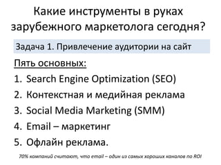 Какие инструменты в руках
зарубежного маркетолога сегодня?
Пять основных:
1. Search Engine Optimization (SEO)
2. Контекстная и медийная реклама
3. Social Media Marketing (SMM)
4. Email – маркетинг
5. Офлайн реклама.
Задача 1. Привлечение аудитории на сайт
70% компаний считают, что email – один из самых хороших каналов по ROI
 