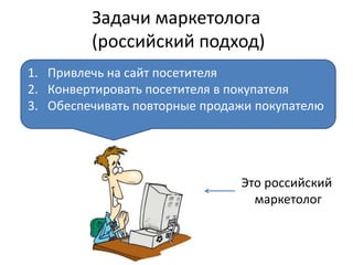 Задачи маркетолога
(российский подход)
1. Привлечь на сайт посетителя
2. Конвертировать посетителя в покупателя
3. Обеспечивать повторные продажи покупателю
Это российский
маркетолог
 