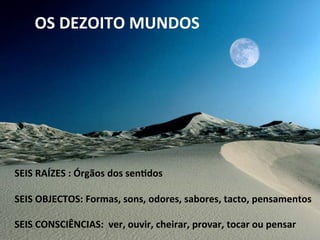 OS	
  DEZOITO	
  MUNDOS	
  
	
  
	
  
	
  
	
  
	
  
	
  
	
  
	
  
	
  
SEIS	
  RAÍZES	
  :	
  Órgãos	
  dos	
  sen-dos	
  
	
  
SEIS	
  OBJECTOS:	
  Formas,	
  sons,	
  odores,	
  sabores,	
  tacto,	
  pensamentos	
  
	
  
SEIS	
  CONSCIÊNCIAS:	
  	
  ver,	
  ouvir,	
  cheirar,	
  provar,	
  tocar	
  ou	
  pensar	
  
 