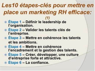 Les10 étapes-clés pour mettre en
place un marketing RH efficace:
(1)
 Étape 1 – Définir le leadership de
l’organisation.
 Étape 2 – Valider les talents clés de
l’entreprise.
 Étape 3 – Mettre en cohérence les talents
et les ambitions.
 Étape 4 – Mettre en cohérence
l’encadrement et la gestion des talents.
 Étape 5 – Créer, développer, une culture
d’entreprise forte et attractive.
 Étape 6 – La confiance.
 