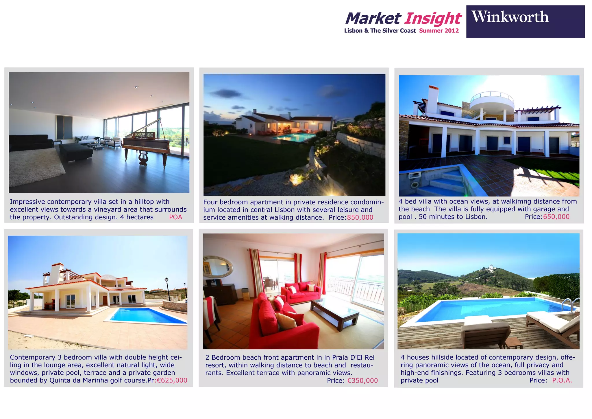 Market Insight
                                                                                                    Lisbon & The Silver Coast Summer 2012




Impressive contemporary villa set in a hilltop with      Four bedroom apartment in private residence condomin-       4 bed villa with ocean views, at walkimng distance from
excellent views towards a vineyard area that surrounds   ium located in central Lisbon with several leisure and      the beach The villa is fully equipped with garage and
the property. Outstanding design. 4 hectares       POA   service amenities at walking distance. Price:850,000        pool . 50 minutes to Lisbon.            Price:650,000




Contemporary 3 bedroom villa with double height cei-     2 Bedroom beach front apartment in in Praia D'El Rei         4 houses hillside located of contemporary design, offe-
ling in the lounge area, excellent natural light, wide   resort, within walking distance to beach and restau-         ring panoramic views of the ocean, full privacy and
windows, private pool, terrace and a private garden      rants. Excellent terrace with panoramic views.               high-end finishings. Featuring 3 bedrooms villas with
bounded by Quinta da Marinha golf course.Pr:€625,000                                            Price: €350,000       private pool                             Price: P.O.A.
 
