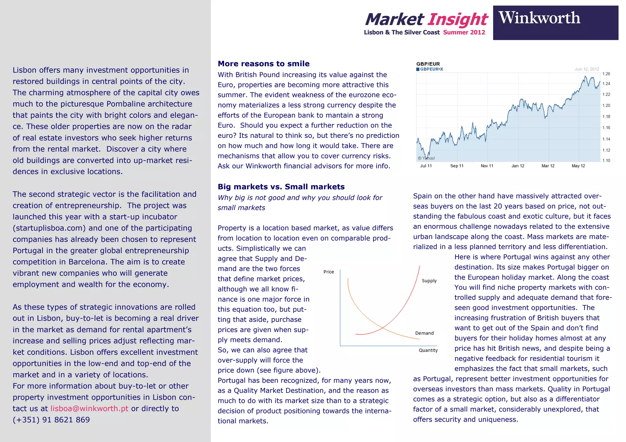Market Insight
                                                                                                   Lisbon & The Silver Coast Summer 2012




                                                      More reasons to smile
Lisbon offers many investment opportunities in
                                                      With British Pound increasing its value against the
restored buildings in central points of the city.     Euro, properties are becoming more attractive this
The charming atmosphere of the capital city owes      summer. The evident weakness of the eurozone eco-
much to the picturesque Pombaline architecture        nomy materializes a less strong currency despite the
that paints the city with bright colors and elegan-   efforts of the European bank to mantain a strong
ce. These older properties are now on the radar       Euro. Should you expect a further reduction on the
of real estate investors who seek higher returns      euro? Its natural to think so, but there’s no prediction
                                                      on how much and how long it would take. There are
from the rental market. Discover a city where
                                                      mechanisms that allow you to cover currency risks.
old buildings are converted into up-market resi-
                                                      Ask our Winkworth financial advisors for more info.
dences in exclusive locations.

                                                      Big markets vs. Small markets
The second strategic vector is the facilitation and   Why big is not good and why you should look for             Spain on the other hand have massively attracted over-
creation of entrepreneurship. The project was         small markets                                               seas buyers on the last 20 years based on price, not out-
launched this year with a start-up incubator                                                                      standing the fabulous coast and exotic culture, but it faces
(startuplisboa.com) and one of the participating      Property is a location based market, as value differs       an enormous challenge nowadays related to the extensive
companies has already been chosen to represent        from location to location even on comparable prod-          urban landscape along the coast. Mass markets are mate-
                                                      ucts. Simplistically we can                                 rialized in a less planned territory and less differentiation.
Portugal in the greater global entrepreneurship
                                                      agree that Supply and De-                                                Here is where Portugal wins against any other
competition in Barcelona. The aim is to create
                                                      mand are the two forces                                                  destination. Its size makes Portugal bigger on
vibrant new companies who will generate
                                                      that define market prices,                                               the European holiday market. Along the coast
employment and wealth for the economy.                                                                                         You will find niche property markets with con-
                                                      although we all know fi-
                                                      nance is one major force in                                              trolled supply and adequate demand that fore-
As these types of strategic innovations are rolled    this equation too, but put-                                              seen good investment opportunities. The
out in Lisbon, buy-to-let is becoming a real driver   ting that aside, purchase                                                increasing frustration of British buyers that
in the market as demand for rental apartment’s        prices are given when sup-                                               want to get out of the Spain and don’t find
increase and selling prices adjust reflecting mar-    ply meets demand.                                                        buyers for their holiday homes almost at any
                                                      So, we can also agree that                                               price has hit British news, and despite being a
ket conditions. Lisbon offers excellent investment
                                                      over-supply will force the                                               negative feedback for residential tourism it
opportunities in the low-end and top-end of the
                                                      price down (see figure above).                                           emphasizes the fact that small markets, such
market and in a variety of locations.
                                                      Portugal has been recognized, for many years now,           as Portugal, represent better investment opportunities for
For more information about buy-to-let or other                                                                    overseas investors than mass markets. Quality in Portugal
                                                      as a Quality Market Destination, and the reason as
property investment opportunities in Lisbon con-      much to do with its market size than to a strategic         comes as a strategic option, but also as a differentiator
tact us at lisboa@winkworth.pt or directly to         decision of product positioning towards the interna-        factor of a small market, considerably unexplored, that
(+351) 91 8621 869                                    tional markets.                                             offers security and uniqueness.
 