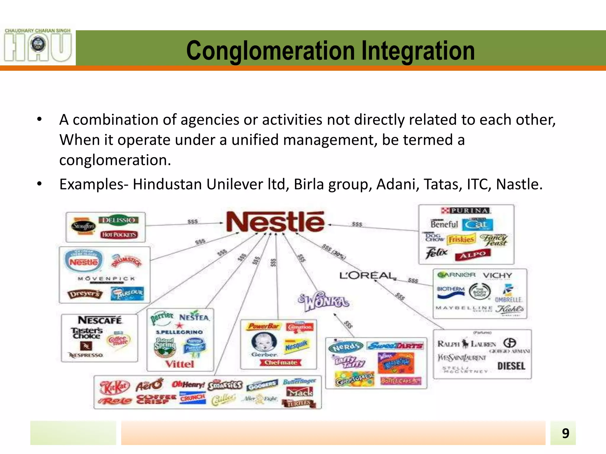 Conglomeration Integration
• A combination of agencies or activities not directly related to each other,
When it operate under a unified management, be termed a
conglomeration.
• Examples- Hindustan Unilever ltd, Birla group, Adani, Tatas, ITC, Nastle.
9
 