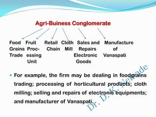Agri-Buiness Conglomerate
Food Fruit Retail Cloth Sales and Manufacture
Grains Proc- Chain Mill Repairs of
Trade essing Electronic Vanaspati
Unit Goods
 For example, the firm may be dealing in foodgrains
trading; processing of horticultural products; cloth
milling; selling and repairs of electronic equipments;
and manufacturer of Vanaspati.
 