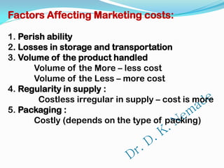 Factors Affecting Marketing costs:
1. Perish ability
2. Losses in storage and transportation
3. Volume of the product handled
Volume of the More – less cost
Volume of the Less – more cost
4. Regularity in supply :
Costless irregular in supply – cost is more
5. Packaging :
Costly (depends on the type of packing)
 