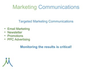 Marketing Internally

         Team Training & Public Speaking

● Marketing Starts with You and Involves Your
  Whole Team!
● Public Relations / Publicity including speaking
  opportunities

Support your staff and your staff will support you!
 