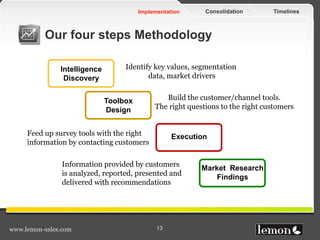 TimelinesConsolidationImplementation
www.lemon-sales.com 13
Intelligence
Discovery
Toolbox
Design
Execution
Market Research
Findings
Identify key values, segmentation
data, market drivers
Build the customer/channel tools.
The right questions to the right customers
Feed up survey tools with the right
information by contacting customers
Information provided by customers
is analyzed, reported, presented and
delivered with recommendations
Our four steps Methodology
 