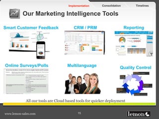 TimelinesConsolidationImplementation
www.lemon-sales.com 15
Our Marketing Intelligence Tools
All our tools are Cloud based tools for quicker deployment
Smart Customer Feedback CRM / PRM
Online Surveys/Polls Multilanguage
Reporting
Quality Control
 