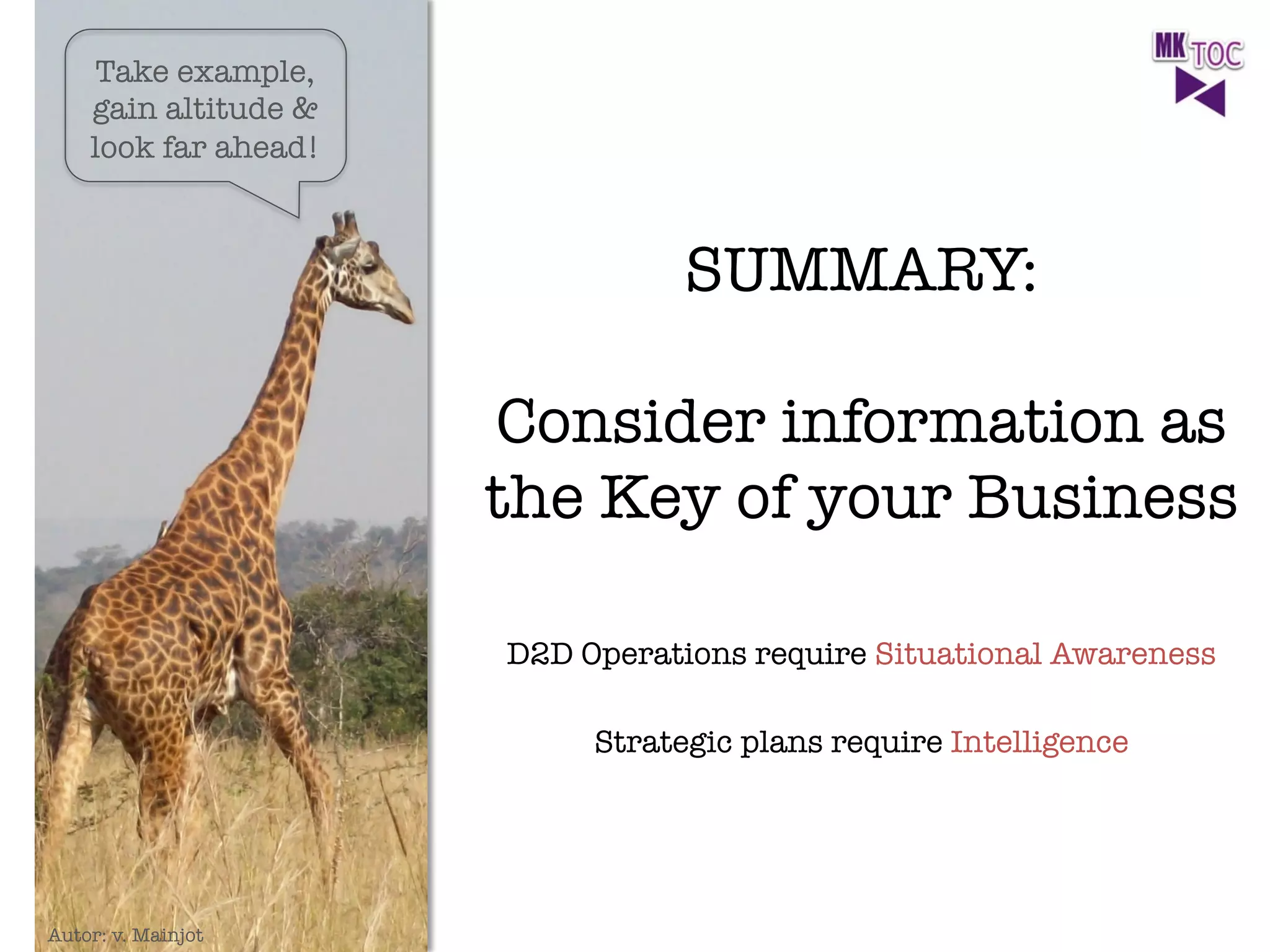 Take example, 
gain altitude & 
look far ahead!

SUMMARY:

Consider information as 
the Key of your Business


D2D Operations require Situational Awareness



Strategic plans require Intelligence



Autor: v. Mainjot

 