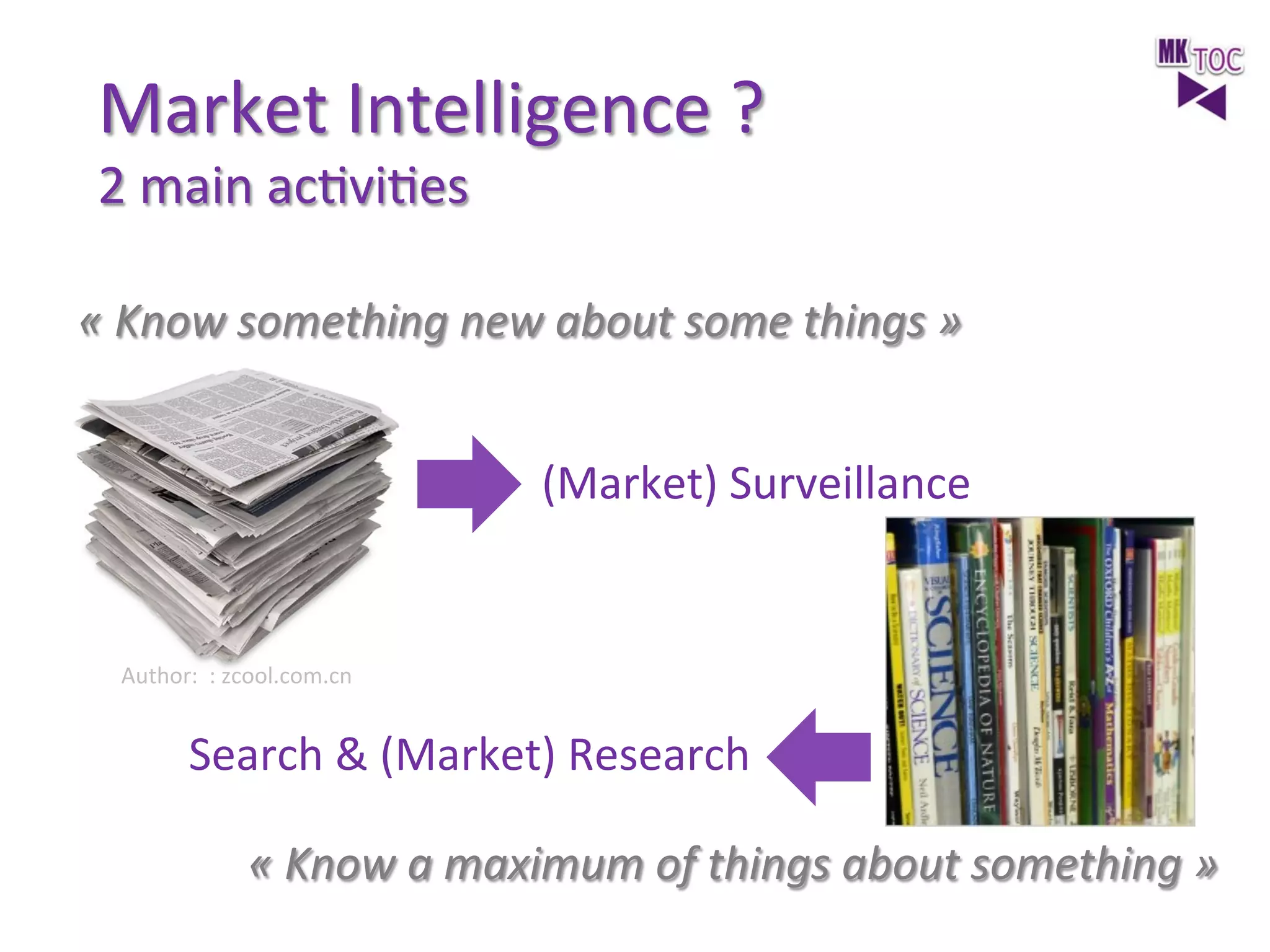 Market	
  Intelligence	
  ?	
  
2	
  main	
  acJviJes	
  

«	
  Know	
  something	
  new	
  about	
  some	
  things	
  »	
  
(Market)	
  Surveillance	
  	
  

Author:	
  	
  :	
  zcool.com.cn	
  	
  

Search	
  &	
  (Market)	
  Research	
  
«	
  Know	
  a	
  maximum	
  of	
  things	
  about	
  something	
  »	
  

 