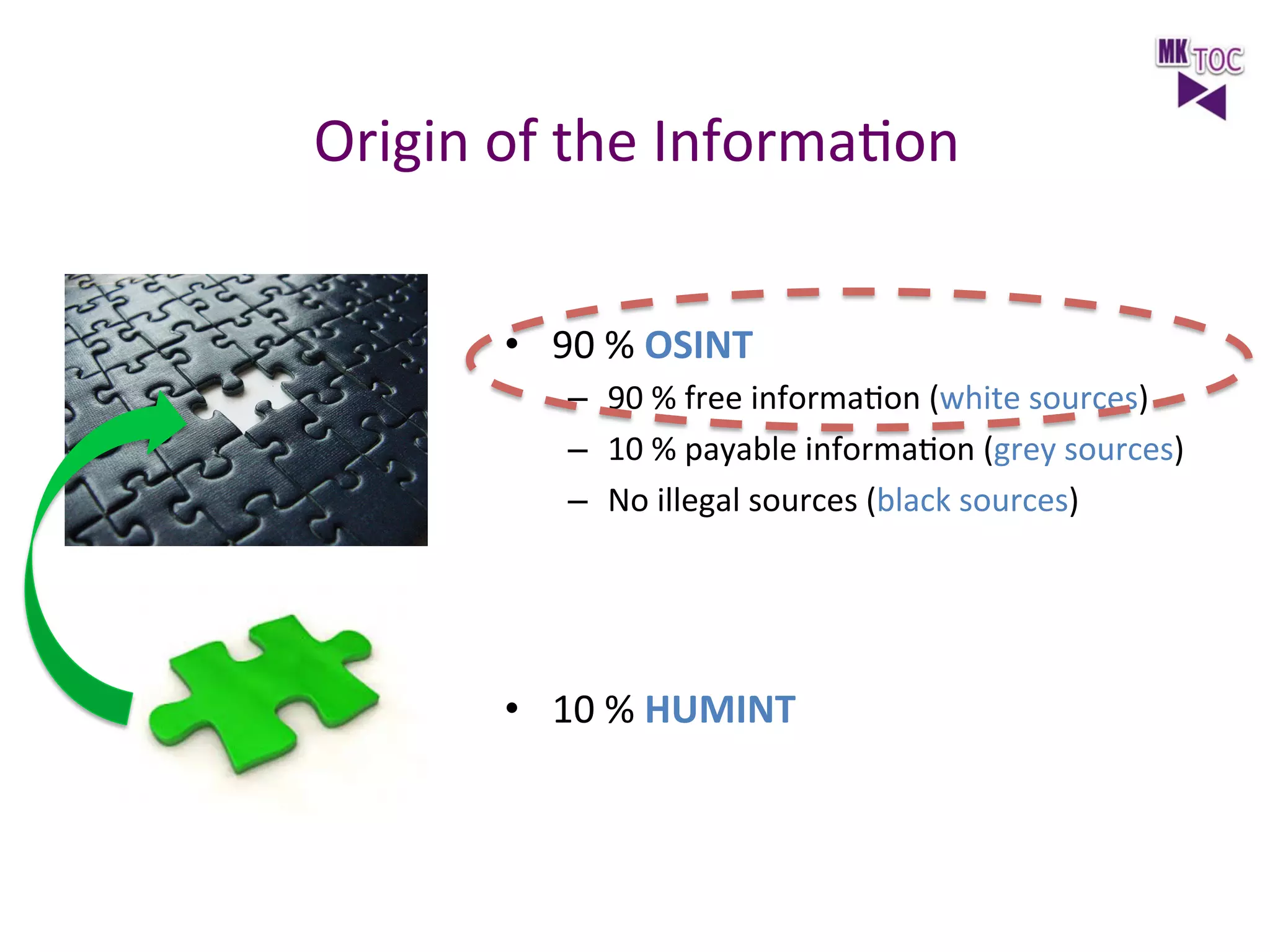Origin	
  of	
  the	
  InformaJon	
  
•  90	
  %	
  OSINT	
  
–  90	
  %	
  free	
  informaJon	
  (white	
  sources)	
  
–  10	
  %	
  payable	
  informaJon	
  (grey	
  sources)	
  
–  No	
  illegal	
  sources	
  (black	
  sources)	
  
	
  
	
  
	
  

•  10	
  %	
  HUMINT	
  

 