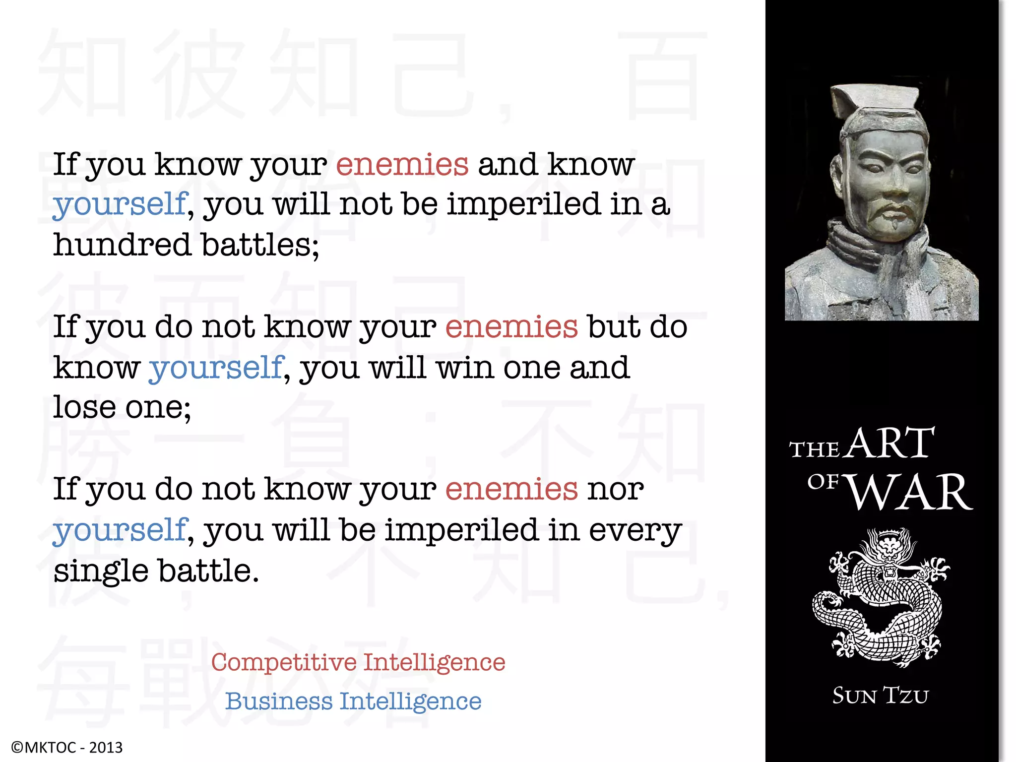 知彼知己，百
戰不殆；不知
彼而知己，一
勝一負；不知
彼 ， 不 知 己，
每戰必殆	
  
If you know your enemies and know
yourself, you will not be imperiled in a
hundred battles; 

If you do not know your enemies but do
know yourself, you will win one and
lose one;

If you do not know your enemies nor
yourself, you will be imperiled in every
single battle.
Competitive Intelligence
Business Intelligence

©MKTOC	
  -­‐	
  2013	
  

 