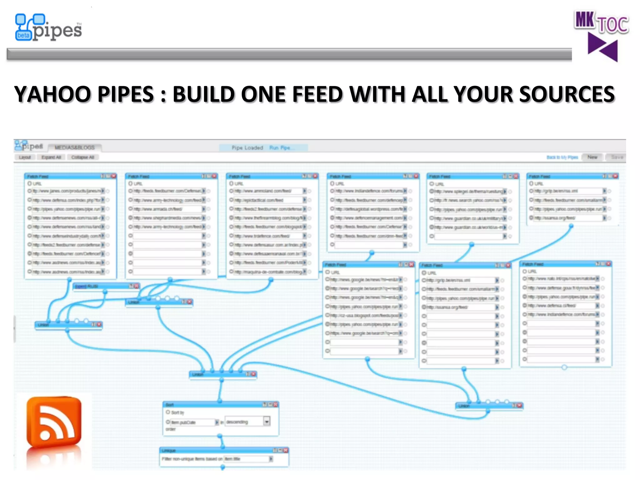 YAHOO	
  PIPES	
  :	
  BUILD	
  ONE	
  FEED	
  WITH	
  ALL	
  YOUR	
  SOURCES	
  
	
  
	
  

 
