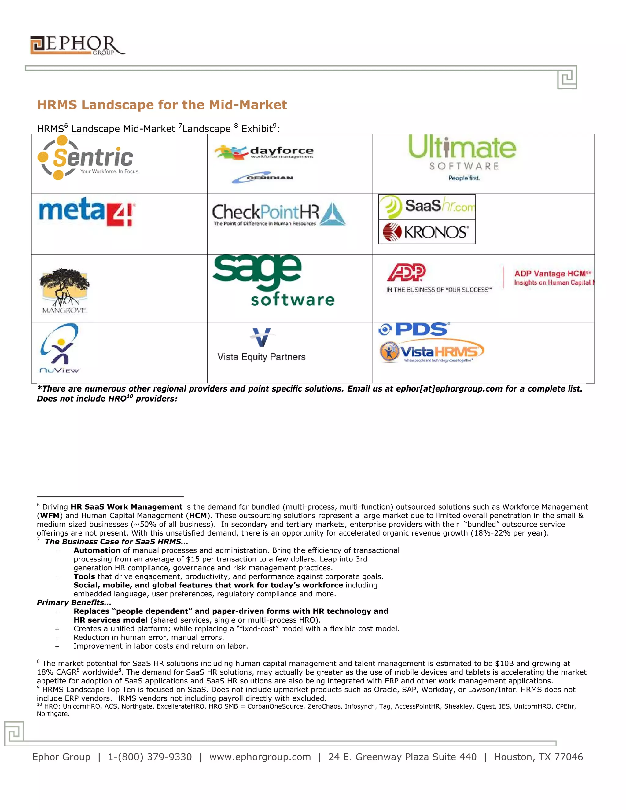 HRMS Landscape for the Mid-Market
HRMS6 Landscape Mid-Market 7Landscape                     8
                                                              Exhibit9:




*There are numerous other regional providers and point specific solutions. Email us at ephor[at]ephorgroup.com for a complete list.
Does not include HRO10 providers:




6
  Driving HR SaaS Work Management is the demand for bundled (multi-process, multi-function) outsourced solutions such as Workforce Management
(WFM) and Human Capital Management (HCM). These outsourcing solutions represent a large market due to limited overall penetration in the small &
medium sized businesses (~50% of all business). In secondary and tertiary markets, enterprise providers with their “bundled” outsource service
offerings are not present. With this unsatisfied demand, there is an opportunity for accelerated organic revenue growth (18%-22% per year).
7
  The Business Case for SaaS HRMS…
          Automation of manual processes and administration. Bring the efficiency of transactional
           processing from an average of $15 per transaction to a few dollars. Leap into 3rd
           generation HR compliance, governance and risk management practices.
          Tools that drive engagement, productivity, and performance against corporate goals.
           Social, mobile, and global features that work for today’s workforce including
           embedded language, user preferences, regulatory compliance and more.
Primary Benefits…
          Replaces “people dependent” and paper-driven forms with HR technology and
           HR services model (shared services, single or multi-process HRO).
          Creates a unified platform; while replacing a “fixed-cost” model with a flexible cost model.
          Reduction in human error, manual errors.
          Improvement in labor costs and return on labor.
8
  The market potential for SaaS HR solutions including human capital management and talent management is estimated to be $10B and growing at
18% CAGR8 worldwide8. The demand for SaaS HR solutions, may actually be greater as the use of mobile devices and tablets is accelerating the market
appetite for adoption of SaaS applications and SaaS HR solutions are also being integrated with ERP and other work management applications.
9
  HRMS Landscape Top Ten is focused on SaaS. Does not include upmarket products such as Oracle, SAP, Workday, or Lawson/Infor. HRMS does not
include ERP vendors. HRMS vendors not including payroll directly with excluded.
10
  HRO: UnicornHRO, ACS, Northgate, ExcellerateHRO. HRO SMB = CorbanOneSource, ZeroChaos, Infosynch, Tag, AccessPointHR, Sheakley, Qqest, IES, UnicornHRO, CPEhr,
Northgate.




Ephor Group | 1-(800) 379-9330 | www.ephorgroup.com | 24 E. Greenway Plaza Suite 440 | Houston, TX 77046
 