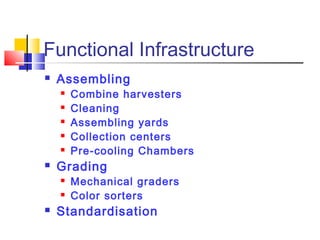 Functional Infrastructure
   Assembling
       Combine harvesters
       Cleaning
       Assembling yards
       Collection centers
       Pre-cooling Chambers
   Grading
       Mechanical graders
       Color sorters
   Standardisation
 