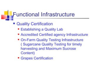 Functional Infrastructure
   Quality Certification
       Establishing a Quality Lab
       Accredited Certified agency Infrastructure
       On-Farm Quality Testing Infrastructure
        ( Sugarcane Quality Testing for timely
        harvesting and Maximum Sucrose
        Content)
       Grapes Certification
 