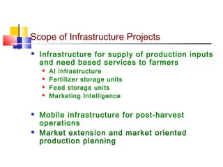 Scope of Infrastructure Projects
   Infrastructure for supply of production inputs
    and need based services to farmers
       AI infrastructure
       Fertilizer storage units
       Feed storage units
       Marketing Intelligence

   Mobile infrastructure for post-harvest
    operations
   Market extension and market oriented
    production planning
 