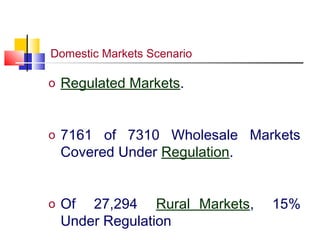 Domestic Markets Scenario

o Regulated Markets.



o 7161 of 7310 Wholesale Markets
 Covered Under Regulation.


o Of 27,294 Rural Markets,   15%
 Under Regulation
 