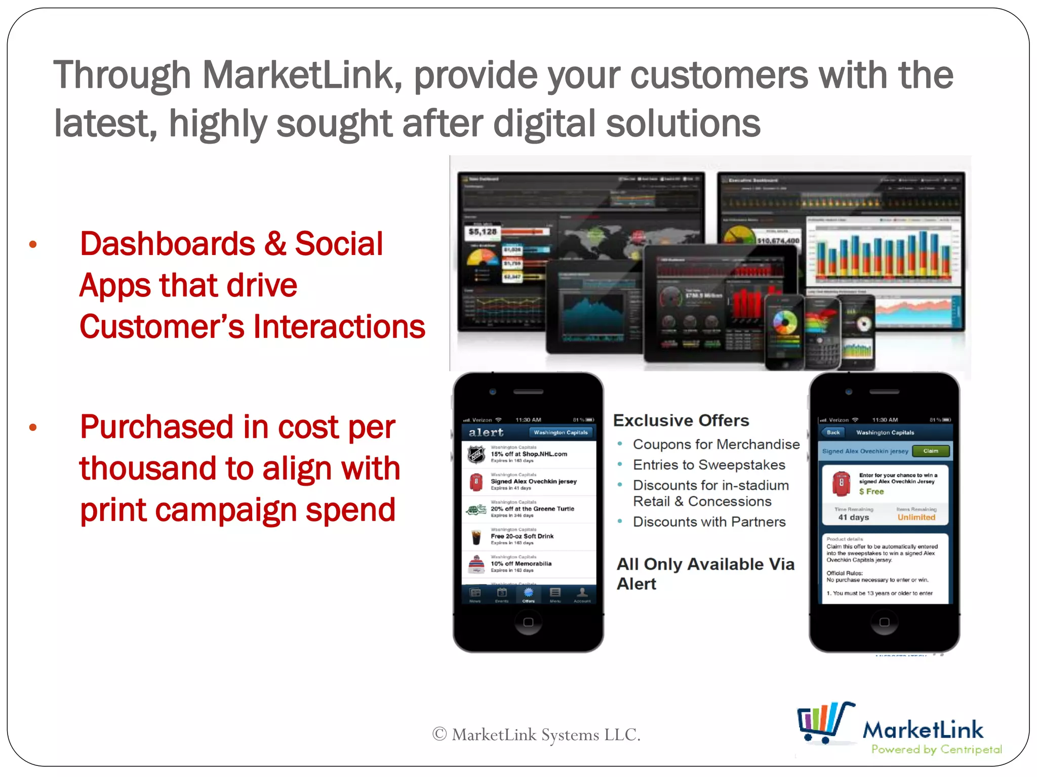 Through MarketLink, provide your customers with the
    latest, highly sought after digital solutions

•    Dashboards & Social
     Apps that drive
     Customer’s Interactions

•    Purchased in cost per
     thousand to align with
     print campaign spend




                               © MarketLink Systems LLC.
 