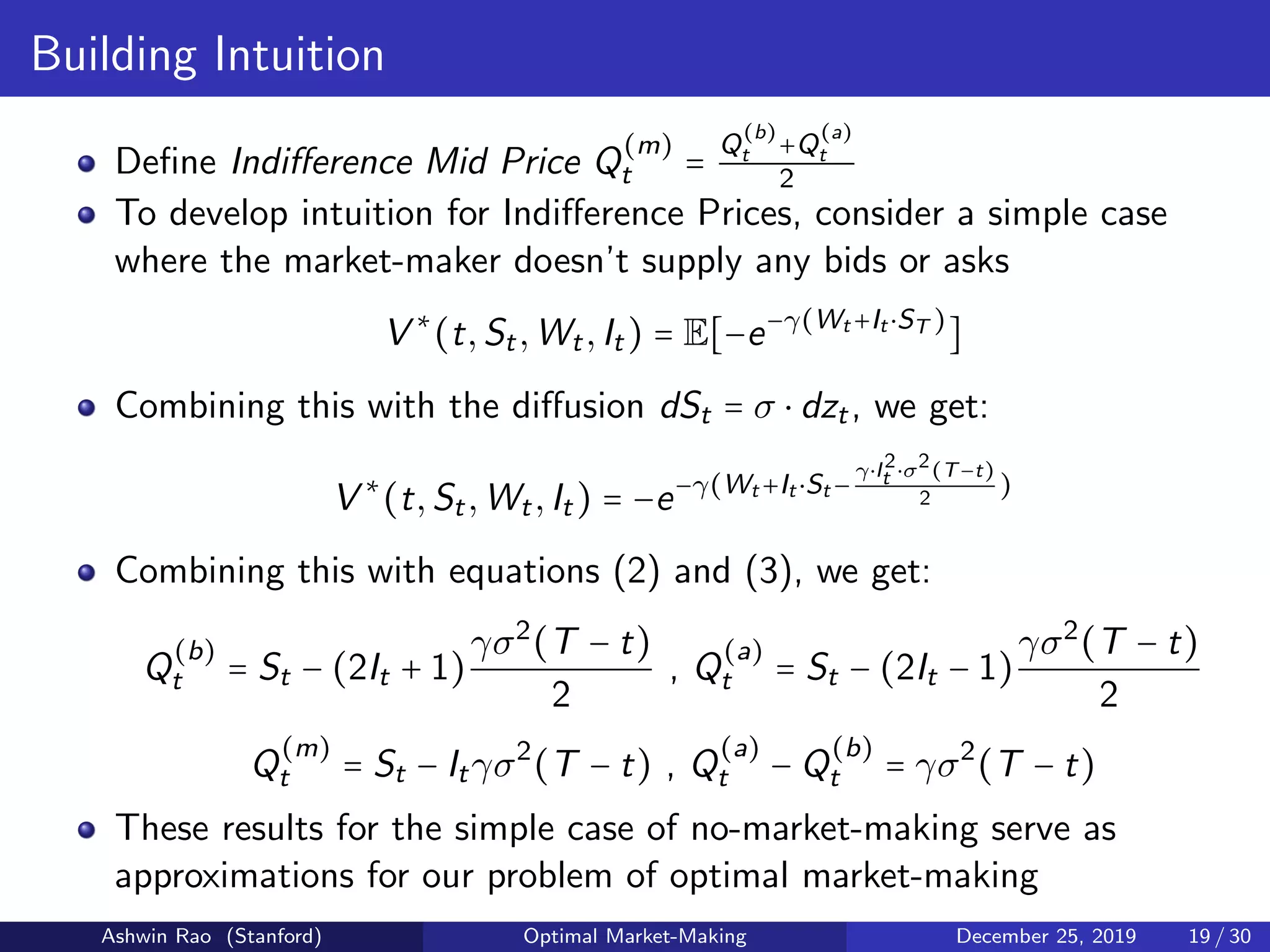 Building Intuition
Deﬁne Indiﬀerence Mid Price Q
(m)
t =
Q
(b)
t +Q
(a)
t
2
To develop intuition for Indiﬀerence Prices, consider a simple case
where the market-maker doesn’t supply any bids or asks
V ∗
(t,St,Wt,It) = E[−e−γ(Wt +It ⋅ST )
]
Combining this with the diﬀusion dSt = σ ⋅ dzt, we get:
V ∗
(t,St,Wt,It) = −e−γ(Wt +It ⋅St −
γ⋅I2
t ⋅σ2(T−t)
2
)
Combining this with equations (2) and (3), we get:
Q
(b)
t = St − (2It + 1)
γσ2
(T − t)
2
, Q
(a)
t = St − (2It − 1)
γσ2
(T − t)
2
Q
(m)
t = St − Itγσ2
(T − t) , Q
(a)
t − Q
(b)
t = γσ2
(T − t)
These results for the simple case of no-market-making serve as
approximations for our problem of optimal market-making
Ashwin Rao (Stanford) Optimal Market-Making December 25, 2019 19 / 30
 