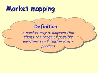 Market mappingMarket mapping
Definition
A market map is diagram that
shows the range of possible
positions for 2 features of a
product
Definition
A market map is diagram that
shows the range of possible
positions for 2 features of a
product
 