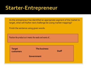 As the entrepreneur has identified an appropriate segment of the market to
target, what will his/her next challenge be (using market mapping)?

Finish the sentence using given words:



Position the product so it meets the needs and wants of…



   Target                           The business
   customers                                               Staff

                          Government
 