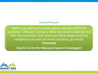 Guiding Philosophy

   Before you start some work, always ask yourself three
questions - Why am I doing it, What the results might be and
  Will I be successful. Only when you think deeply and find
     satisfactory answers to these questions, go ahead.
                           Chanakya
      (Teacher to the first Mauryan Emperor Chandragupt)
 