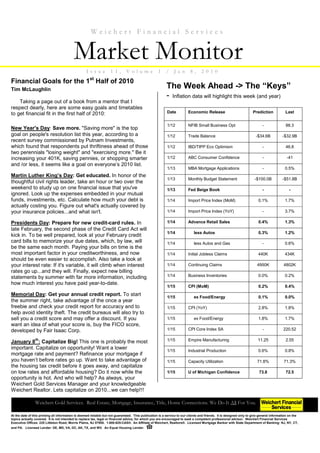 Weichert Financial Services


                                          Market Monitor
                                                   I ssu e         11,        V olu me              1    /     Ja n       8,      2010
Financial Goals for the 1st Half of 2010
Tim McLaughlin                                                                                            The Week Ahead -> The “Keys”
                                                                                                          - Inflation data will highlight this week (and year)
    Taking a page out of a book from a mentor that I
respect dearly, here are some easy goals and timetables
to get financial fit in the first half of 2010:                                                           Date          Economic Release                             Prediction            Last


                                                                                                          1/12          NFIB Small Business Opt                            -               88.3
New Year's Day: Save more. "Saving more" is the top
goal on people's resolution list this year, according to a                                                1/12          Trade Balance                                  -$34.6B           -$32.9B
recent survey commissioned by Putnam Investments,
which found that respondents put thriftiness ahead of those                                               1/12          IBD/TIPP Eco Optimism                              -               46.8
two perennials "losing weight" and "exercising more." Be it
increasing your 401K, saving pennies, or shopping smarter                                                 1/12          ABC Consumer Confidence                            -                -41
and /or less, it seems like a goal on everyone’s 2010 list.
                                                                                                          1/13          MBA Mortgage Applications                          -               0.5%
Martin Luther King’s Day: Get educated. In honor of the
                                                                                                          1/13          Monthly Budget Statement                      -$100.0B           -$51.8B
thoughtful civil rights leader, take an hour or two over the
weekend to study up on one financial issue that you've                                                    1/13          Fed Beige Book                                     -                 -
ignored. Look up the expenses embedded in your mutual
funds, investments, etc. Calculate how much your debt is                                                  1/14          Import Price Index (MoM)                        0.1%               1.7%
actually costing you. Figure out what's actually covered by
your insurance policies...and what isn't.                                                                 1/14          Import Price Index (YoY)                           -               3.7%

Presidents Day: Prepare for new credit-card rules. In                                                     1/14          Advance Retail Sales                            0.4%               1.3%
late February, the second phase of the Credit Card Act will
                                                                                                          1/14              less Autos                                  0.3%               1.2%
kick in. To be well prepared, look at your February credit
card bills to memorize your due dates, which, by law, will                                                1/14              less Autos and Gas                             -               0.6%
be the same each month. Paying your bills on time is the
most important factor in your creditworthiness, and now                                                   1/14          Initial Jobless Claims                          440K              434K
should be even easier to accomplish. Also take a look at
your interest rate: If it's variable, it will climb when interest                                         1/14          Continuing Claims                               4950K             4802K
rates go up...and they will. Finally, expect new billing
statements by summer with far more information, including                                                 1/14          Business Inventories                            0.0%               0.2%
how much interest you have paid year-to-date.
                                                                                                          1/15          CPI (MoM)                                       0.2%               0.4%
Memorial Day: Get your annual credit report. To start                                                     1/15              ex Food/Energy                              0.1%               0.0%
the summer right, take advantage of the once a year
freebie and check your credit report for accuracy and to                                                  1/15          CPI (YoY)                                       2.8%               1.8%
help avoid identity theft. The credit bureaus will also try to
sell you a credit score and may offer a discount. If you                                                  1/15              ex Food/Energy                              1.8%               1.7%
want an idea of what your score is, buy the FICO score,
developed by Fair Isaac Corp.                                                                             1/15          CPI Core Index SA                                  -             220.52

           th                                                                                             1/15          Empire Manufacturing                            11.25              2.55
January 8 : Capitalize Big! This one is probably the most
important. Capitalize on opportunity! Want a lower                                                        1/15          Industrial Production                           0.6%               0.8%
mortgage rate and payment? Refinance your mortgage if
you haven’t before rates go up. Want to take advantage of                                                 1/15          Capacity Utilization                            71.8%             71.3%
the housing tax credit before it goes away, and capitalize
on low rates and affordable housing? Do it now while the                                                  1/15          U of Michigan Confidence                         73.8              72.5
opportunity is hot. And who will help? As always, your
Weichert Gold Services Manager and your knowledgeable
Weichert Realtor. Lets capitalize on 2010...we can help!!!

                Weichert Gold Services. Real Estate, Mortgage, Insurance, Title, Home Connections. We Do It All For You.

At the date of this printing all information is deemed reliable but not guaranteed. This publication is a service to our clients and friends. It is designed only to give general information on the
topics actually covered. It is not intended to replace tax, legal or financial advice, for which you are encouraged to seek a competent professional advisor. Weichert Financial Services
Executive Offices: 225 Littleton Road, Morris Plains, NJ 07950. 1-800-829-CASH. An Affiliate of Weichert, Realtors®. Licensed Mortgage Banker with State Department of Banking: NJ, NY, CT,
and PA. Licensed Lender: DE, MD, VA, DC, AK, TX, and WV. An Equal Housing Lender.
 