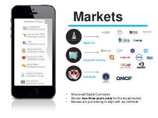 Markets
Higher Ed.
Corporate Training
Individuals
• Structured Digital Curriculum
• We are two-three years early for the b...