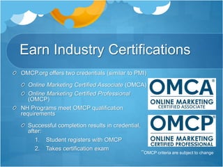 Earn Industry Certifications
OMCP.org offers two credentials (similar to PMI)
Online Marketing Certified Associate (OMCA)
Online Marketing Certified Professional
(OMCP)
NH Programs meet OMCP qualification
requirements
Successful completion results in credential,
after:
1. Student registers with OMCP
2. Takes certification exam **OMCP criteria are subject to change
 