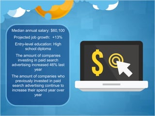 Median annual salary: $60,100
Projected job growth: +13%
Entry-level education: High
school diploma
The amount of companies
investing in paid search
advertising increased 46% last
year
The amount of companies who
previously invested in paid
search advertising continue to
increase their spend year over
year
 
