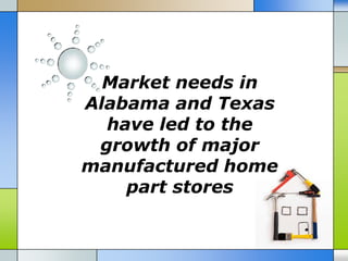 Market needs in
Alabama and Texas
  have led to the
 growth of major
manufactured home
    part stores
 