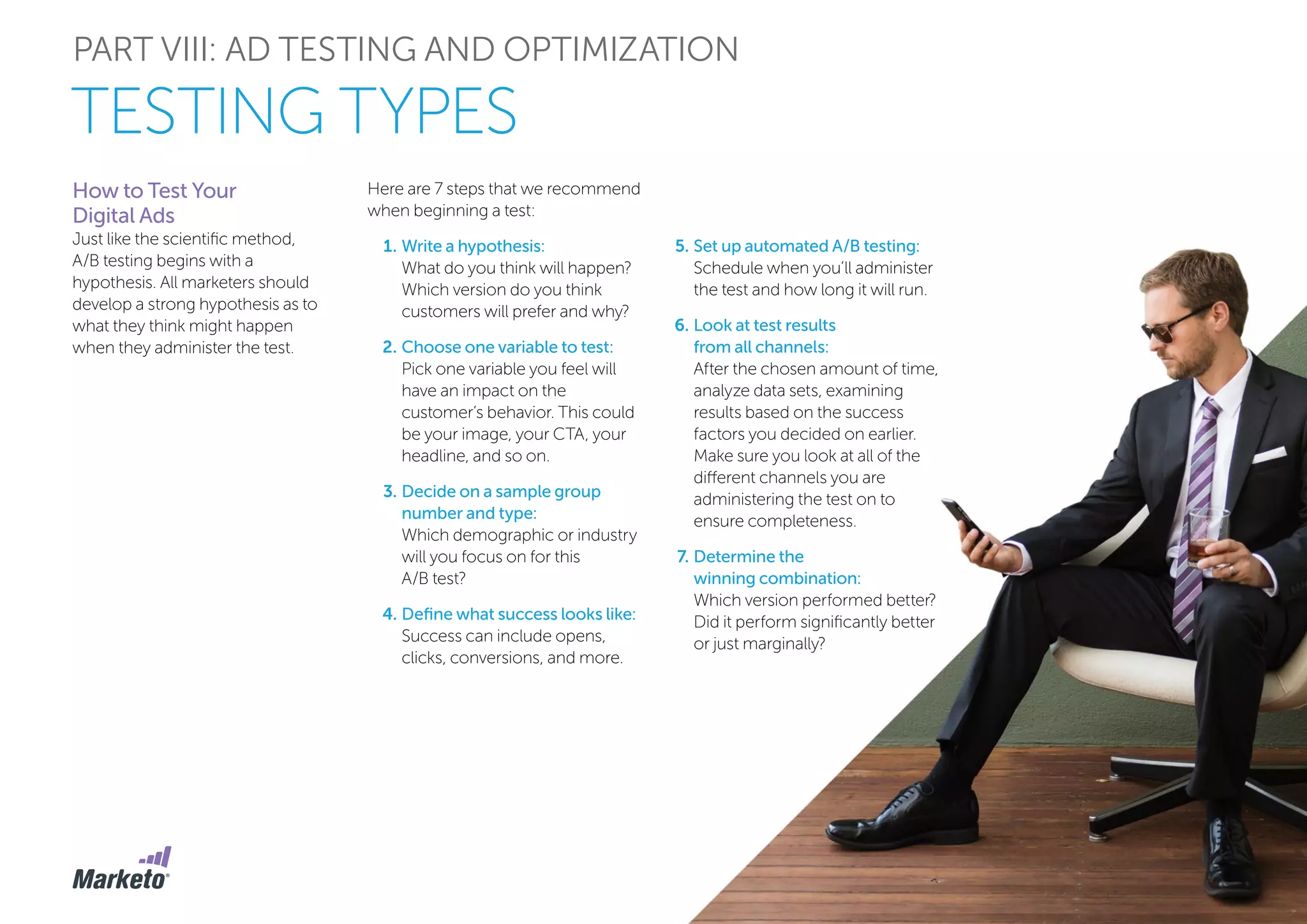 PART VIII: AD TESTING AND OPTIMIZATION
TESTING TYPES
How to Test Your
Digital Ads
Just like the scientific method,
A/B testing begins with a
hypothesis. All marketers should
develop a strong hypothesis as to
what they think might happen
when they administer the test.
Here are 7 steps that we recommend
when beginning a test:
1.	Write a hypothesis:
What do you think will happen?
Which version do you think
customers will prefer and why?
2.	Choose one variable to test:
Pick one variable you feel will
have an impact on the
customer’s behavior. This could
be your image, your CTA, your
headline, and so on.
3.	Decide on a sample group
number and type:
Which demographic or industry
will you focus on for this
A/B test?
4.	Define what success looks like:
Success can include opens,
clicks, conversions, and more.
5.	Set up automated A/B testing:
Schedule when you’ll administer
the test and how long it will run.
6.	Look at test results
from all channels:
After the chosen amount of time,
analyze data sets, examining
results based on the success
factors you decided on earlier.
Make sure you look at all of the
different channels you are
administering the test on to
ensure completeness.
7.	Determine the
winning combination:
Which version performed better?
Did it perform significantly better
or just marginally?
 