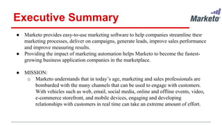 Executive Summary
● Marketo provides easy-to-use marketing software to help companies streamline their
marketing processes, deliver on campaigns, generate leads, improve sales performance
and improve measuring results.
● Providing the impact of marketing automation helps Marketo to become the fastest-
growing business application companies in the marketplace.
● MISSION:
o Marketo understands that in today’s age, marketing and sales professionals are
bombarded with the many channels that can be used to engage with customers.
With vehicles such as web, email, social media, online and offline events, video,
e-commerce storefront, and mobile devices, engaging and developing
relationships with customers in real time can take an extreme amount of effort.
 