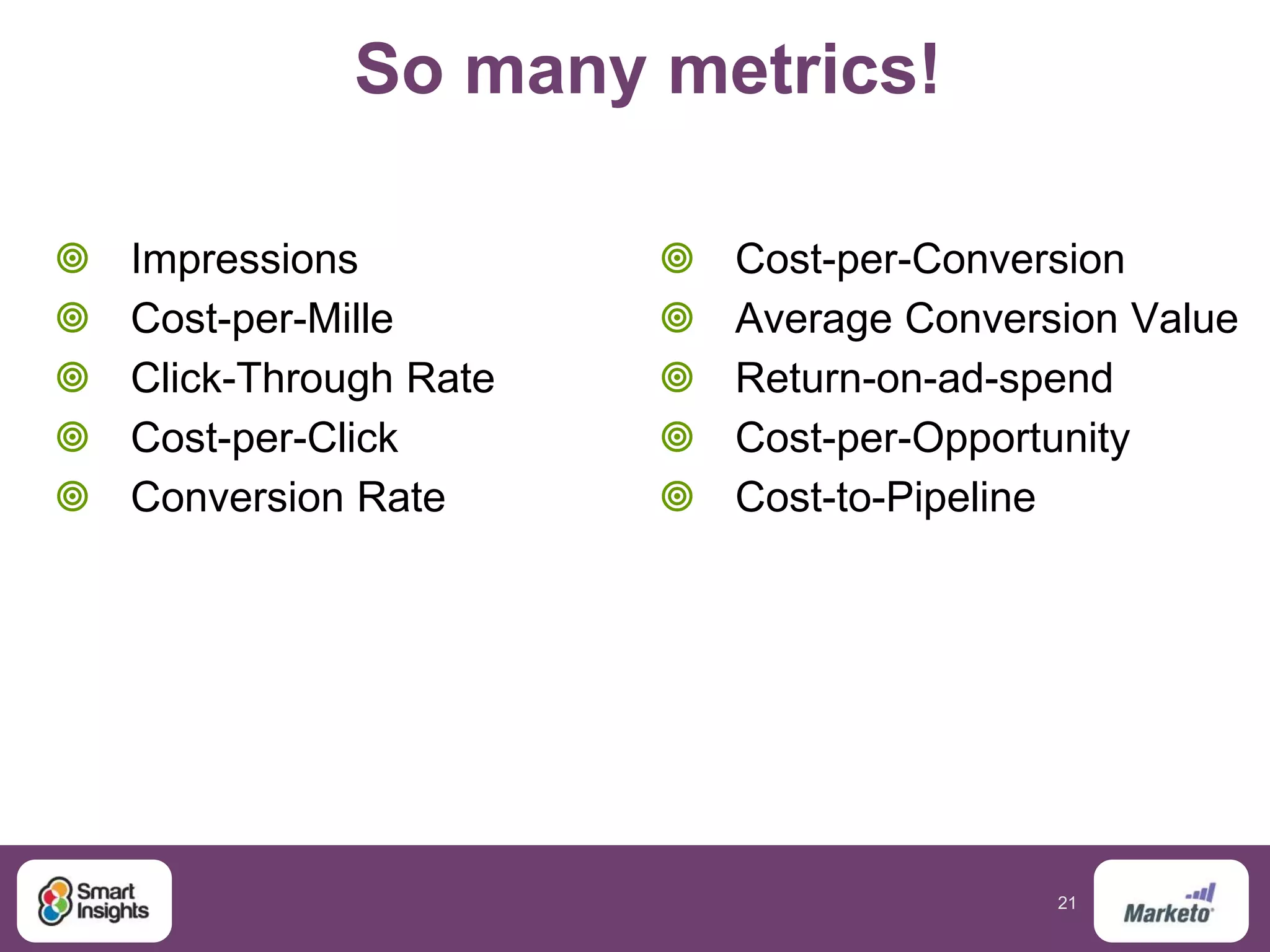 21
So many metrics!
 Impressions
 Cost-per-Mille
 Click-Through Rate
 Cost-per-Click
 Conversion Rate
 Cost-per-Conversion
 Average Conversion Value
 Return-on-ad-spend
 Cost-per-Opportunity
 Cost-to-Pipeline
 