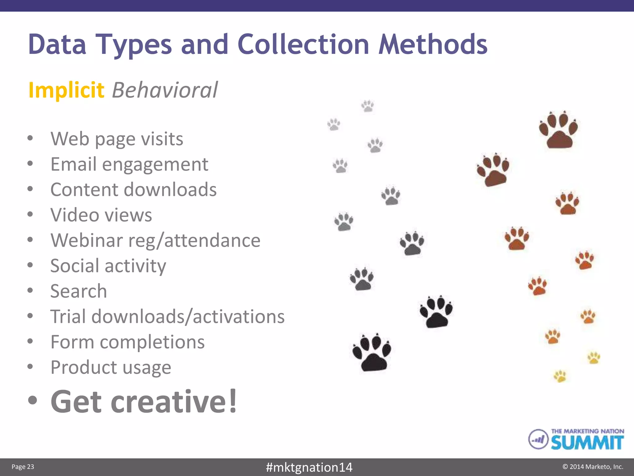 Page 23 © 2014 Marketo, Inc.#mktgnation14
Data Types and Collection Methods
Implicit Behavioral
• Web page visits
• Email engagement
• Content downloads
• Video views
• Webinar reg/attendance
• Social activity
• Search
• Trial downloads/activations
• Form completions
• Product usage
• Get creative!
 