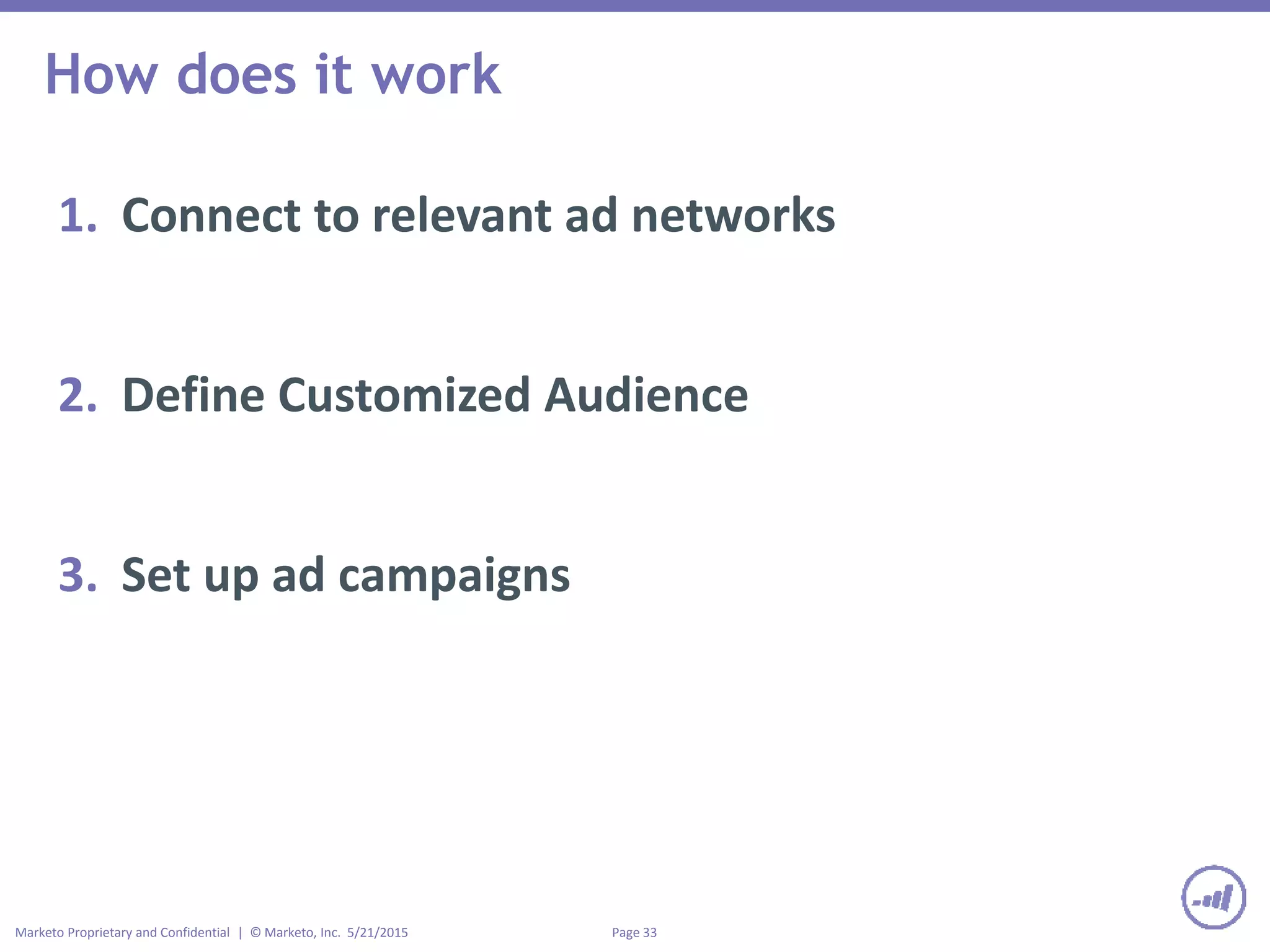 Page 33Marketo Proprietary and Confidential | © Marketo, Inc. 5/21/2015
How does it work
1. Connect to relevant ad networks
2. Define Customized Audience
3. Set up ad campaigns
 