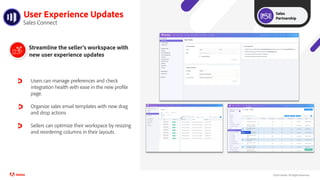 ©2021 Adobe. All Rights Reserved..
Users can manage preferences and check
integration health with ease in the new profile
page.
Organize sales email templates with new drag
and drop actions
Sellers can optimize their workspace by resizing
and reordering columns in their layouts
User Experience Updates
Sales Connect
Streamline the seller's workspace with
new user experience updates
Sales
Partnership
 